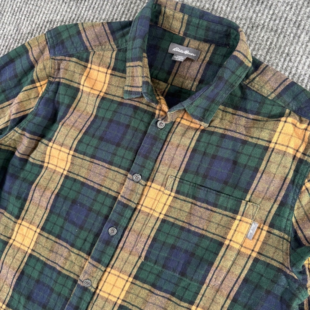 VTG Eddie Bauer Mens XL Flannel Shirt‎ Black Gray Plaid Long Sleeve Workwear